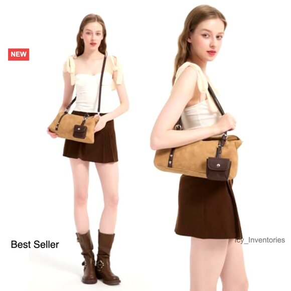 Vintage Faux Suede Shoulder Bag Convertible Crossbody Lightweight Boston Style - Picture 2 of 7